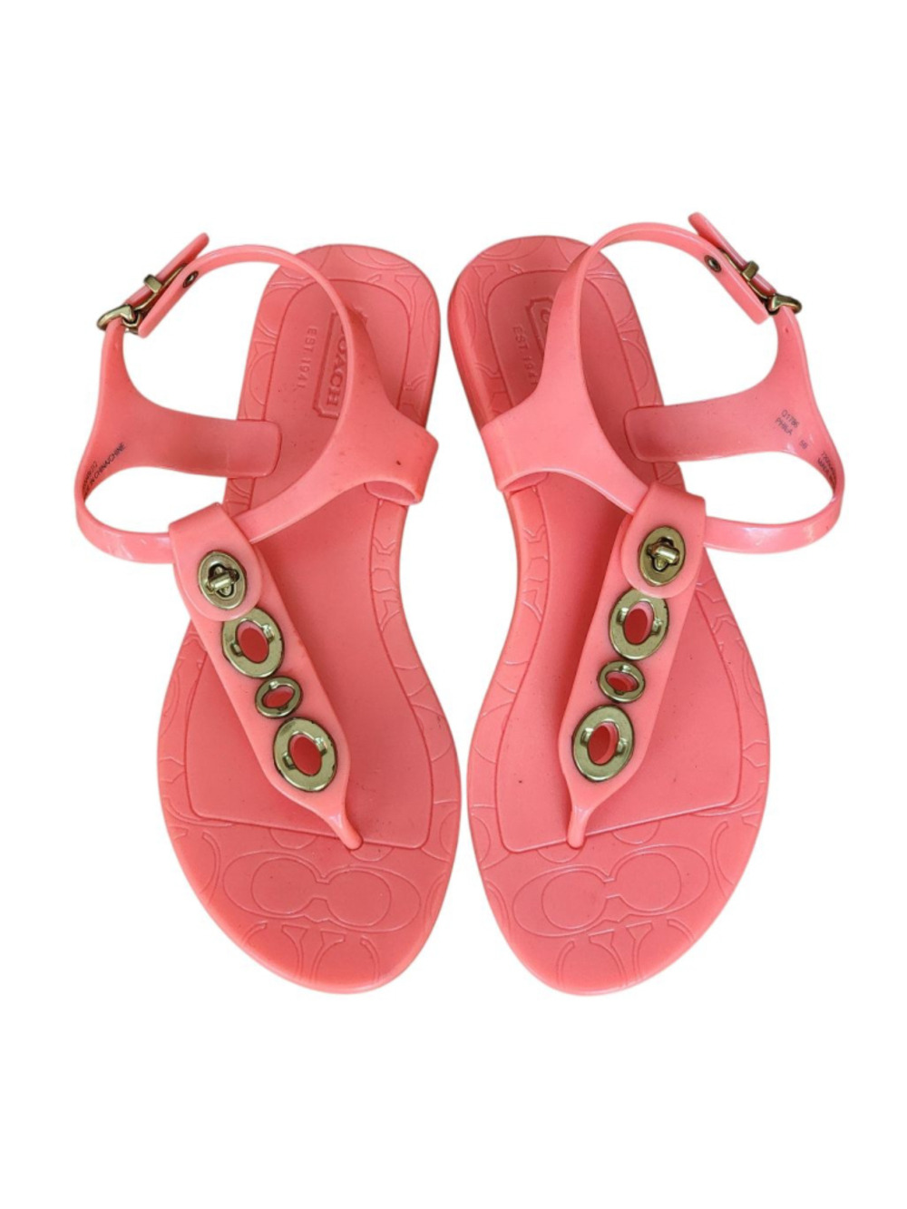 COACH NEW Phila Pink Jelly Thong Slingback Flat Sandals Size 5 with Gold Accents
